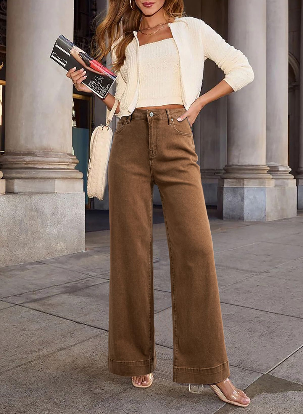 Dokotoo Women's Jeans for Women Wide Leg Stretch Denim Pants Brown Size 10