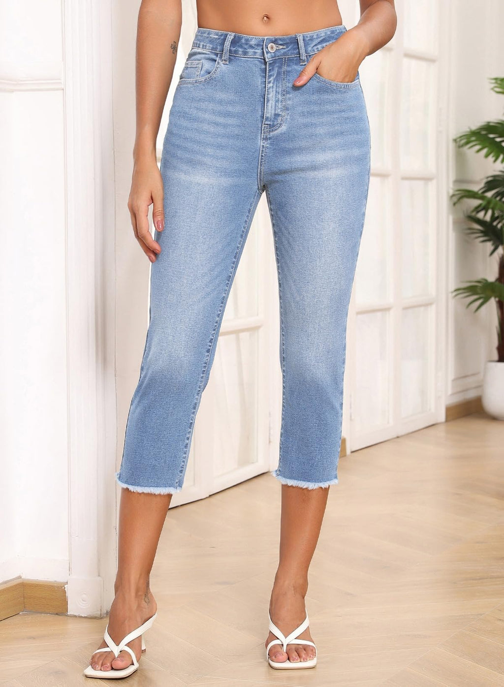 Sidefeel Women's Capri Jeans Trendy 2025 High Waisted Spring Outfit Denim Capri Pants Sky Blue Size 14