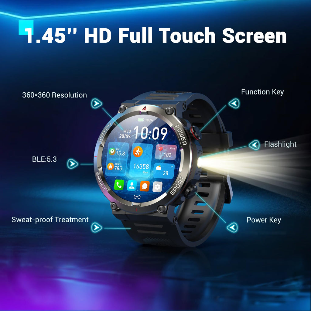 Military Smart Watch for Men(Answer/Make Calls),Outdoor Smartwatch with 100 Days Battery/Flashlight/Compass/Heart Rate/SpO2/Sleep Monitor/2 Straps, Rugged Fitness Watch for iPhone/Android Phones