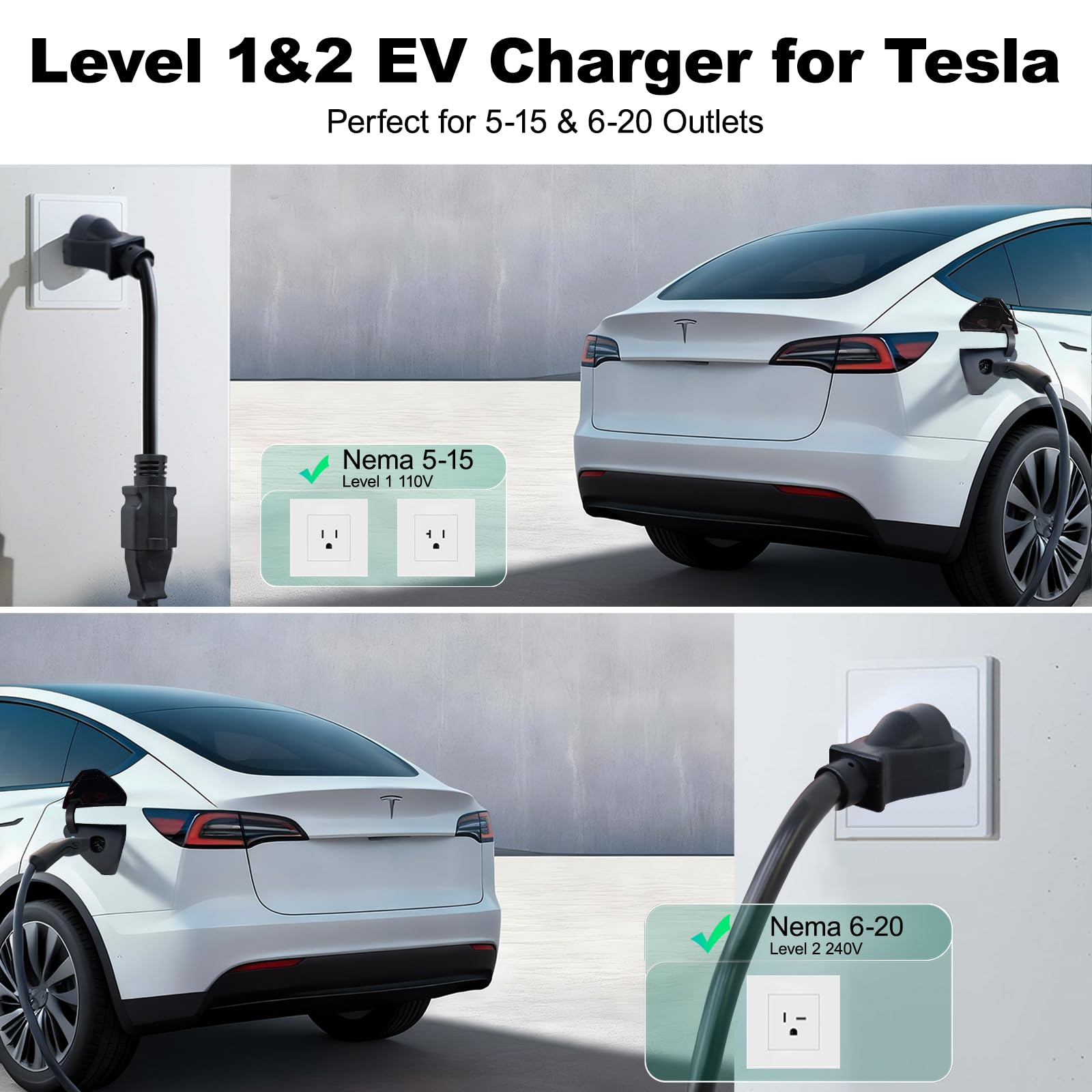 VDLPOWERVP Level 1/2 Tesla Charger 16Amp, Electric Vehicle Portable Charger with 28FT Cable, 3.5KW Home EV Charging Station for All Tesla Models Y/X/3/S,110V-240V, NEMA 6-20 & NEMA 5-15 Plug