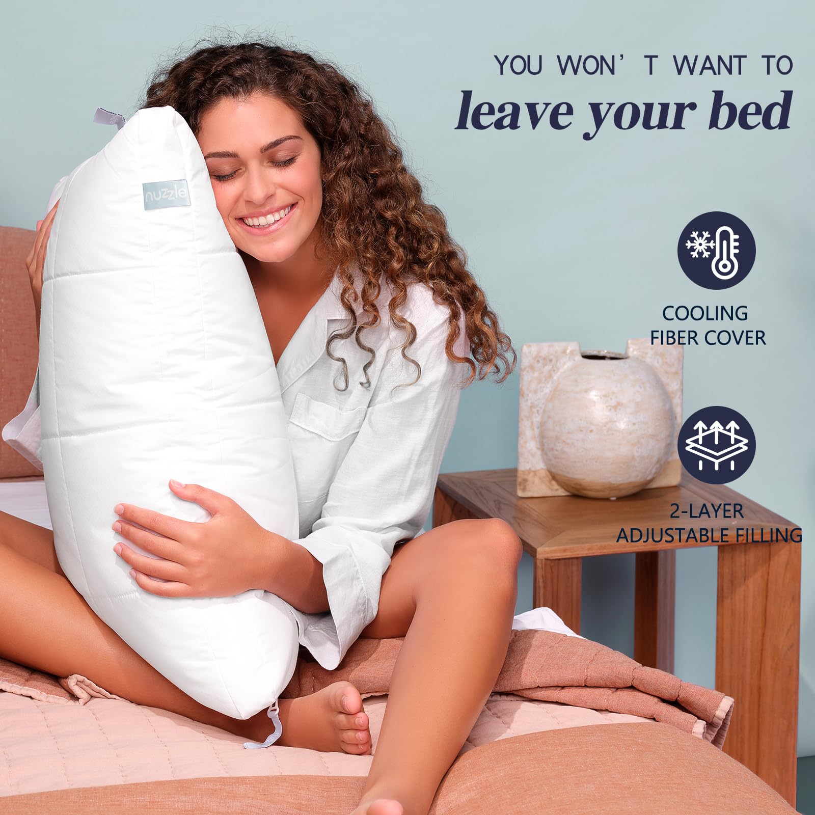 Nuzzle Cooling Adjustable Pillow for Side Sleepers, Luxury Standard Size Bed Pillow Hotel Collection - Best Adjust Height Soft Firm Pillow for Back, Stomach or Side Sleepers - Home Gifts