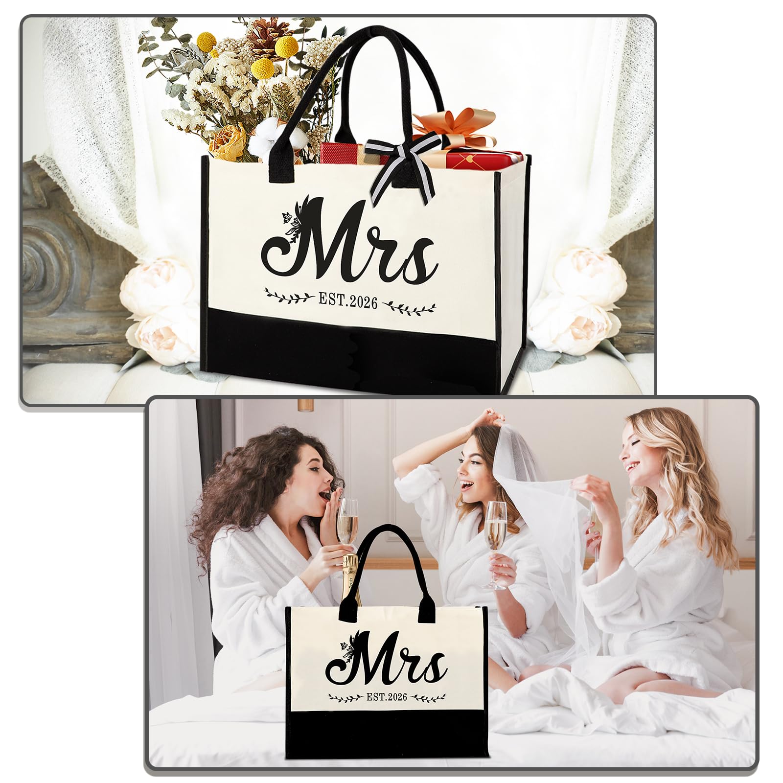 Vanqruo Mrs 2026 Bride Canvas Tote Bag with Makeup Bag, Wedding Gifts for Bridal Shower Bachelorette Party Engagement Honeymoon, Miss to Mrs, Bride to Be Gifts