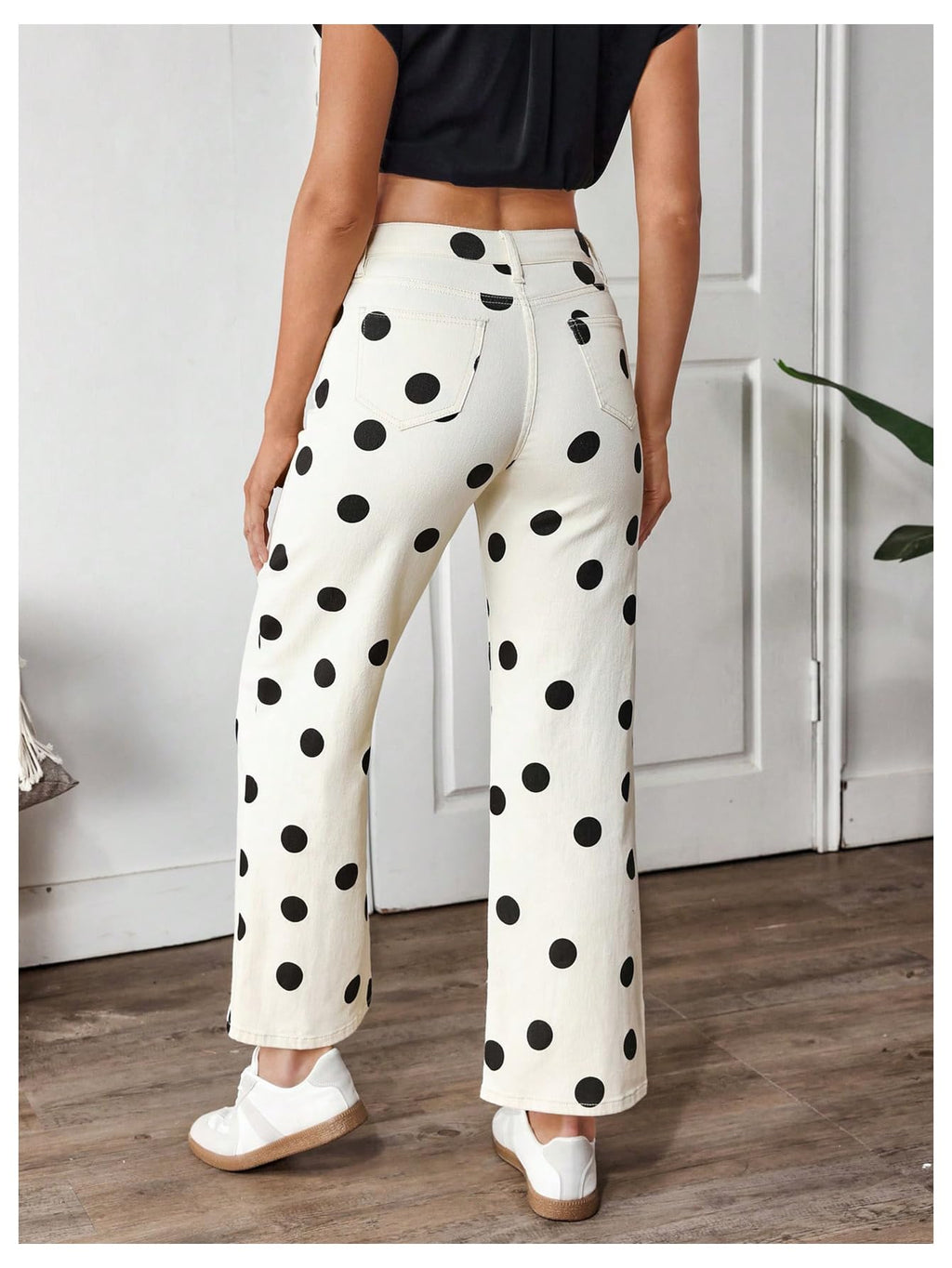 WDIRARA Women's Polka Dots Jeans Vintage Stretchy Straight Leg Denim Pants Beige 27