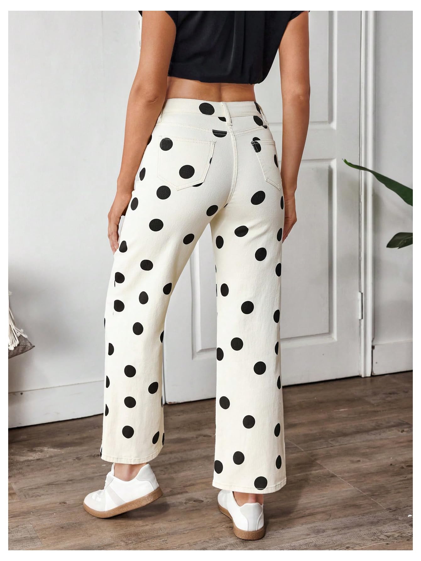 WDIRARA Women's Polka Dots Jeans Vintage Stretchy Straight Leg Denim Pants Beige 27