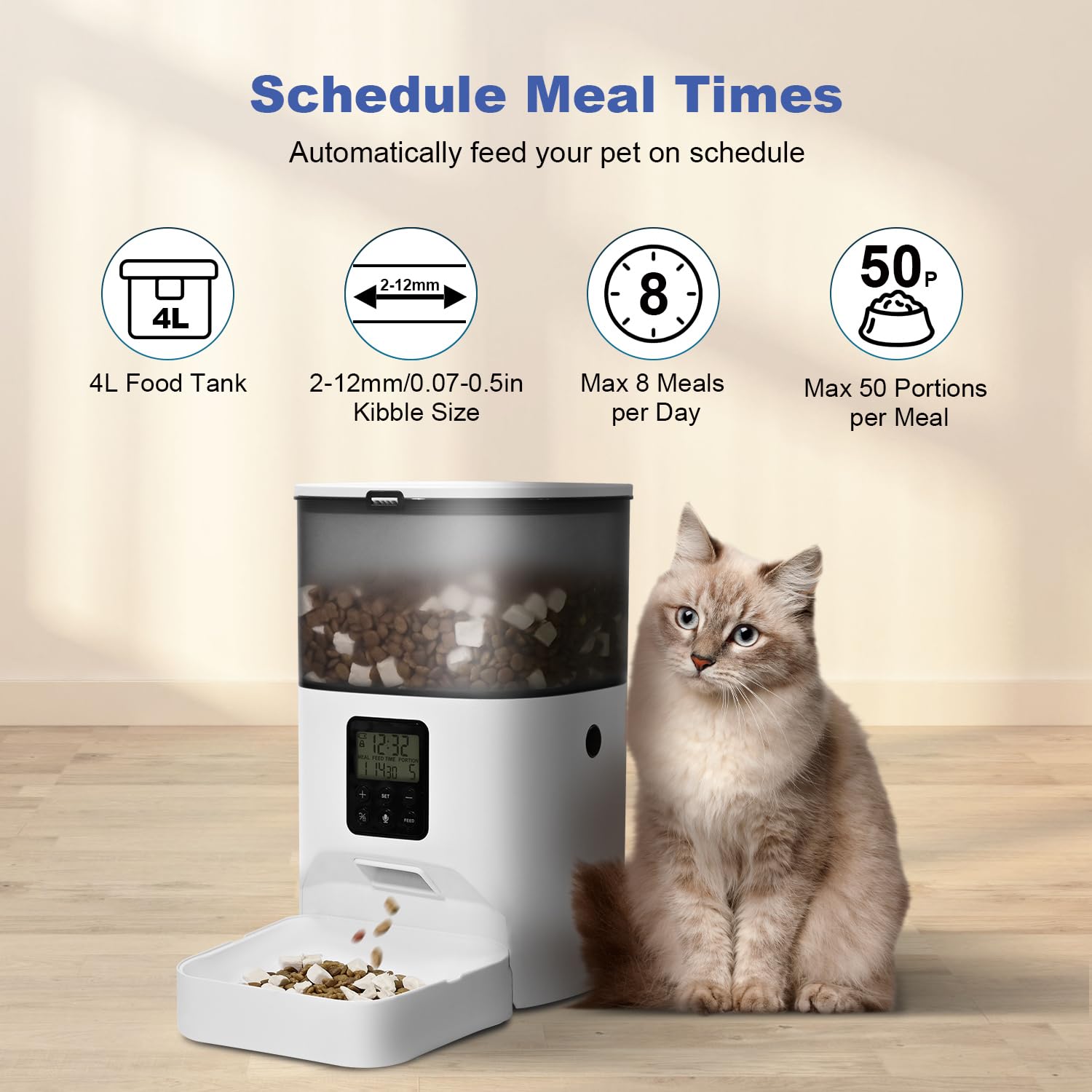 Automatic Cat Feeder, 4L Cat Food Dispenser with 10s Voice Recorder, Pet Feeder up to 8 Meals per Day, Timed Dog Feeder with Dry Food Sealed Ring