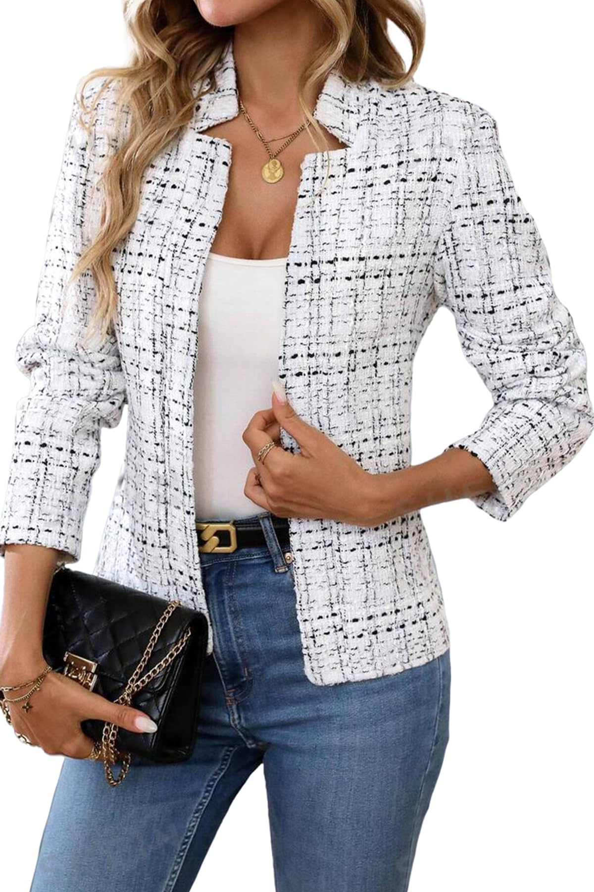 ELLEVEN Womens Blazer Business Casual Suit Jacket Tweed Blazers for Women Slim Fit Fitted Long Sleeve Stand Collar Blazer Dressy Full Lining Coat Cardigan with Padded Shoulder White Large