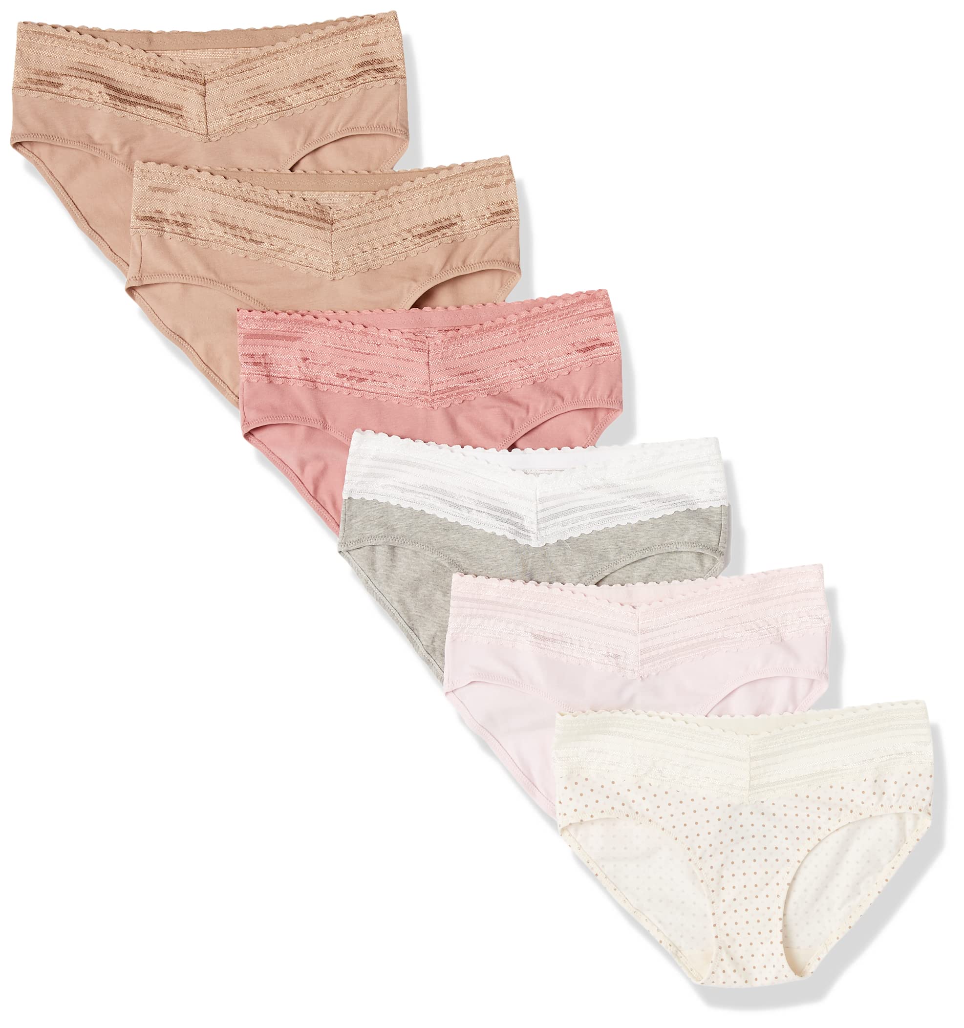 Warners Blissful Benefits Women's Dig-Free Comfort Waist with Lace Cotton Hipster Panties 6-Pack, Pale Pink/Light Gray Heather/Sunset Blush/Toasted Almond/Bodytone Polka Dot/Toasted Almond, M