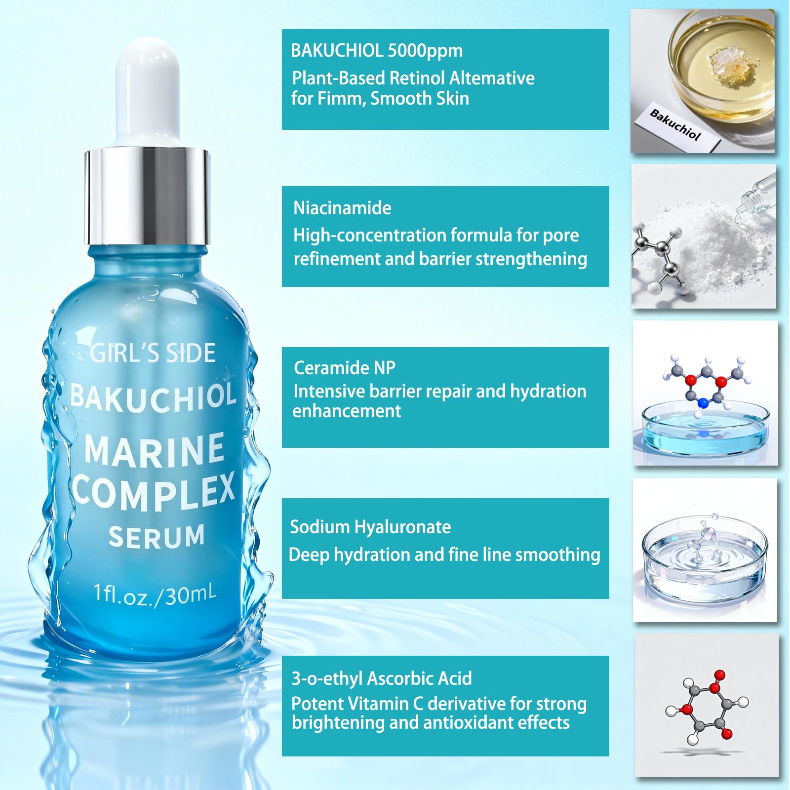 Girl's Side Bakuchiol Serum for Face - Retinol Alternative for All Skin Types, Anti-Aging Treatment Reduces Fine Lines & Wrinkles, Firms Skin with Ceramide & Hyaluronic Acid, 1 fl.oz