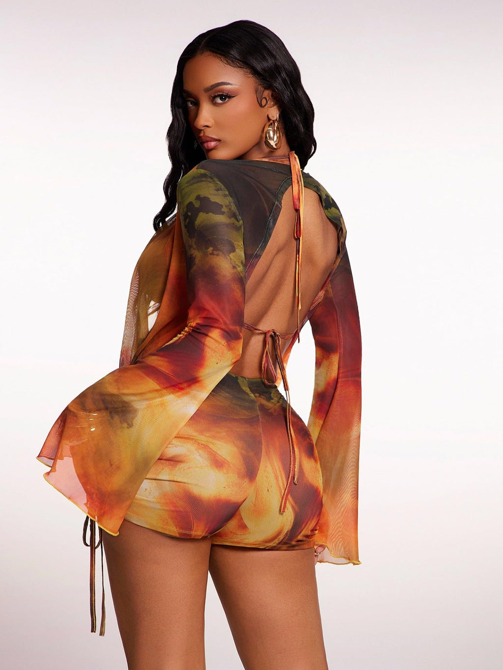 WDIRARA Women's Tie Dye 3 Piece Outfits Draped Mesh Ruched Shorts Set Beach Vacation Outfits Multicolor Large