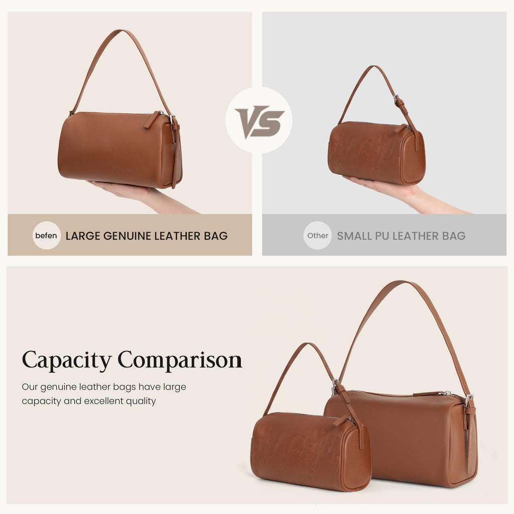 befen Brown Leather Crossbody Bag for Women, Small Genuine Leather Hobo Purse, Soft Top Grain Leather Barrel Bag with RFID Card Slots