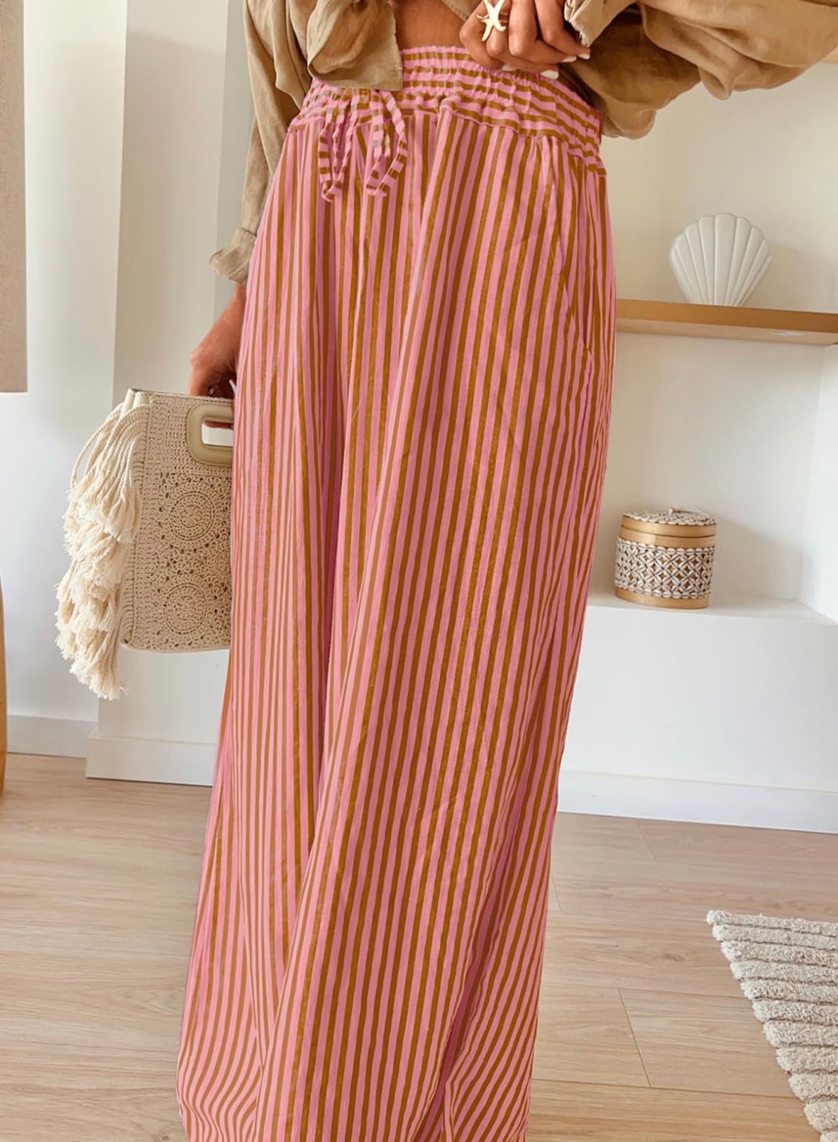 Acelitt Women Casual Striped Loose Wide Leg Pants Drawstring Elastic High Waisted 2026 Fall Fashion Relaxed Fit Beach Pants Trousers Orange Large