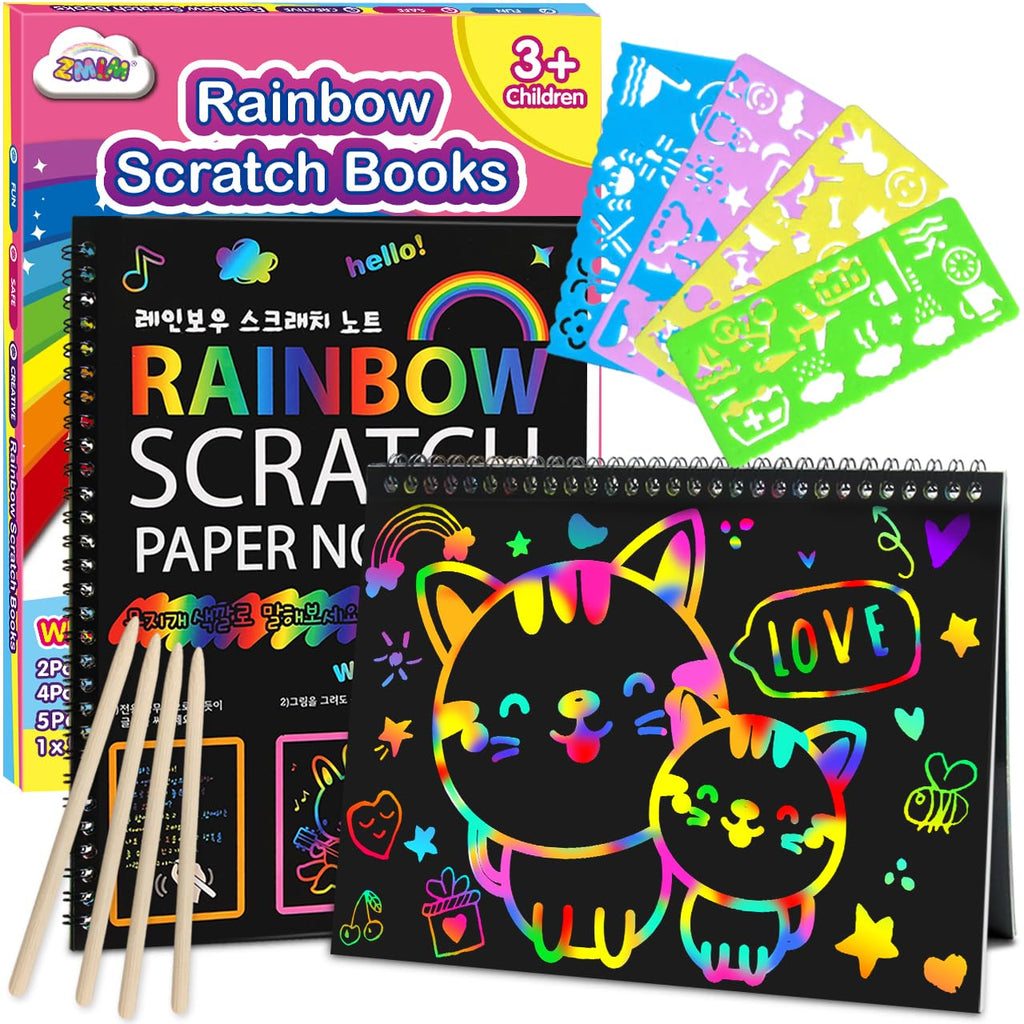 ZMLM Scratch Paper Art-Crafts Gift: 2 Pack Rainbow Notebooks Supplies Toys Easter Basket Stuffers for 3 4 5 6 7 8 9 10 Years Old Girls and Boys Kids Valentine's Day Birthday Party Games (Pink)