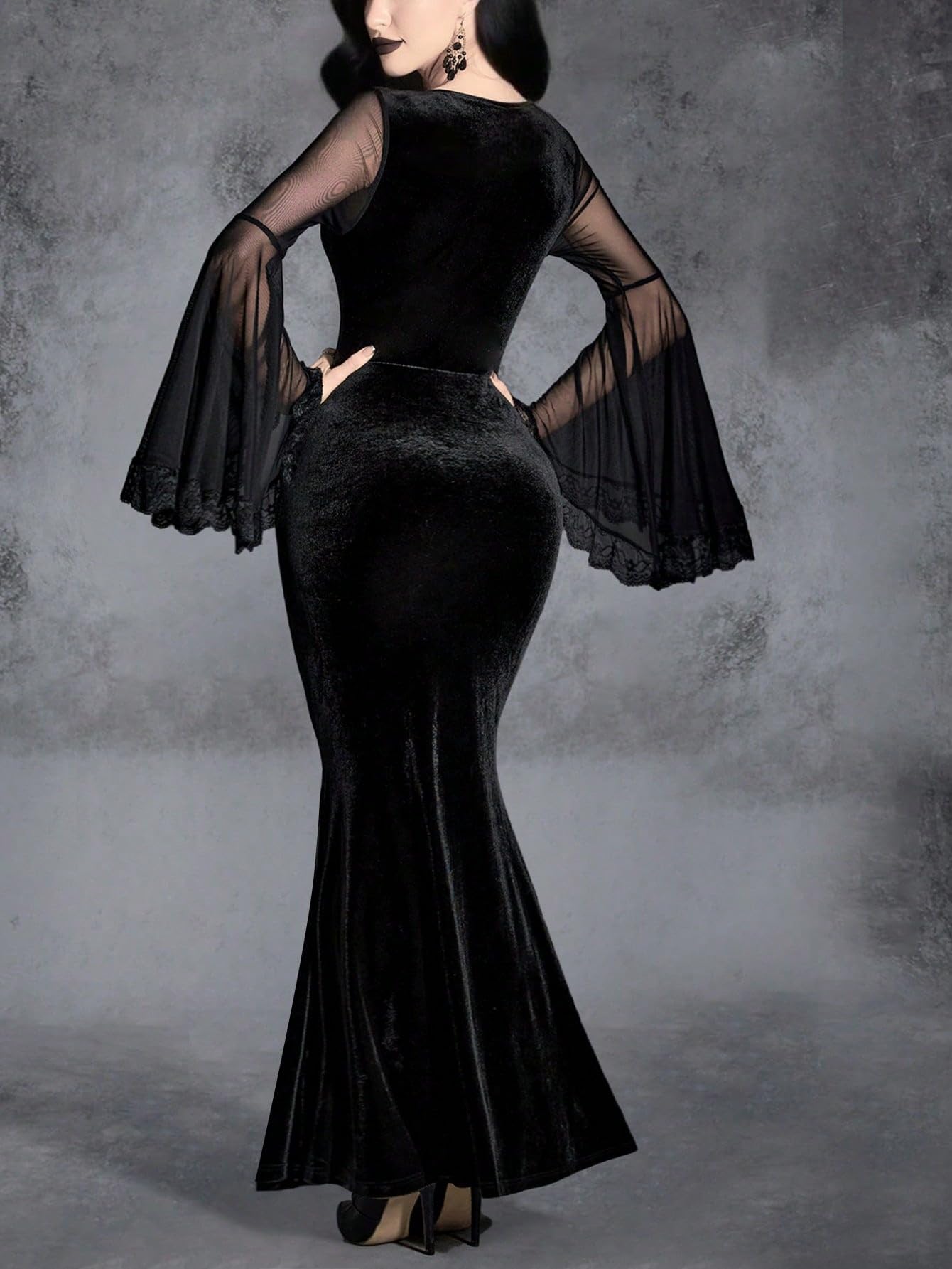 GothDark Women's Goth Dress Black Velvet Mermaid Mesh Bell Sleeve Lace Trim Sexy Vintage Cosplay Party Dresses