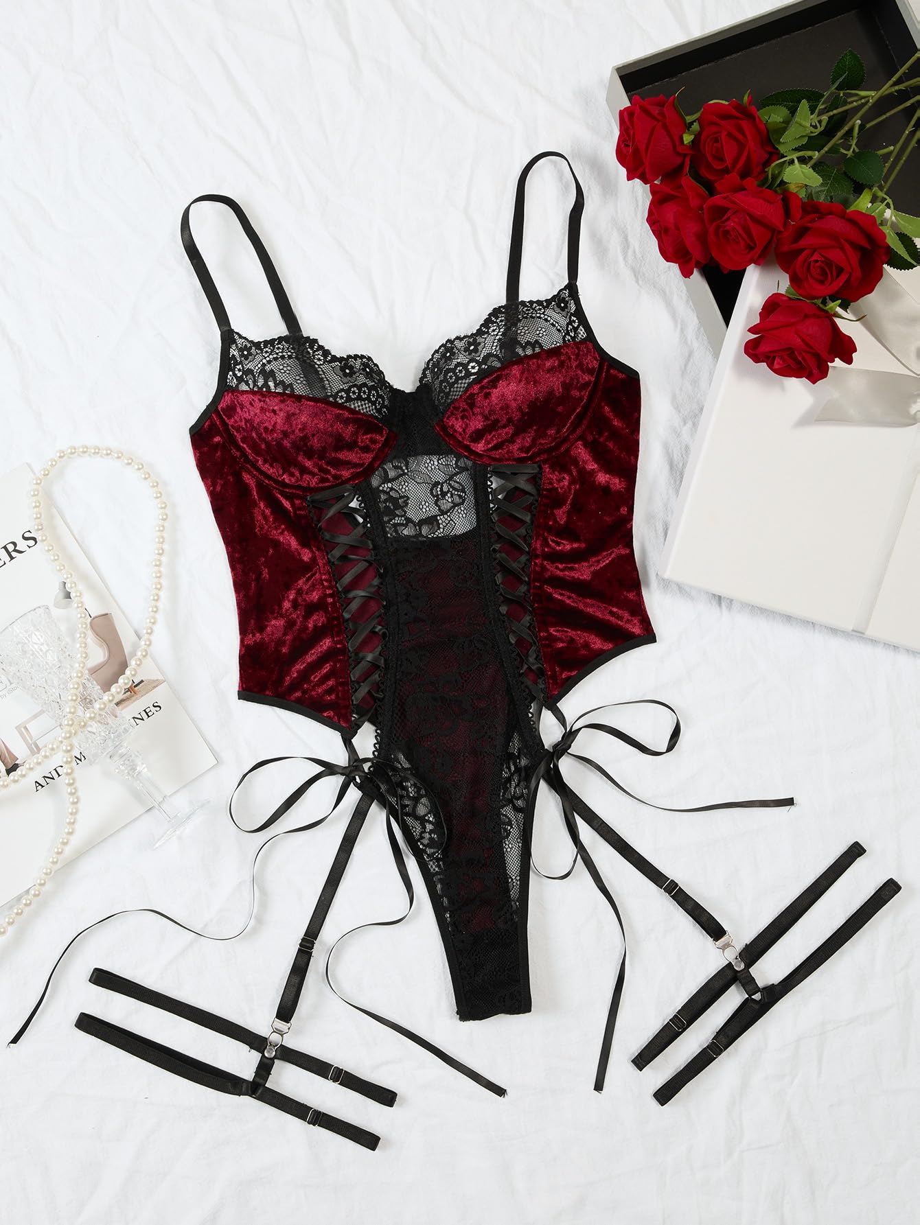 Lilosy Petite Sexy Lace Up Floral Garter Underwire Teddy Bodysuit Lingerie Belt Women Top One Piece Red Velvet 2X-Small