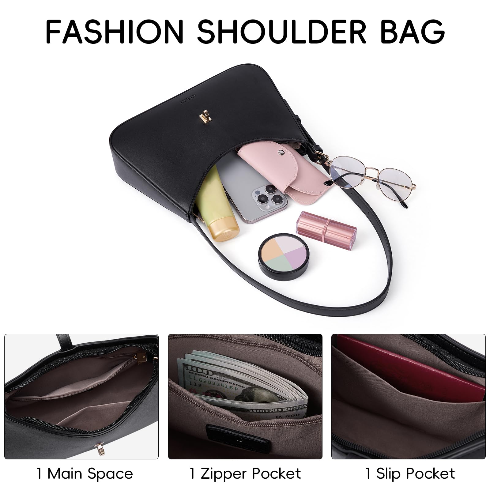CLUCI Shoulder Bag for Women, Purses for Women, Handbag Hobo Bags Vegan Leather Crossbody Purse with Adjustable Strap Black