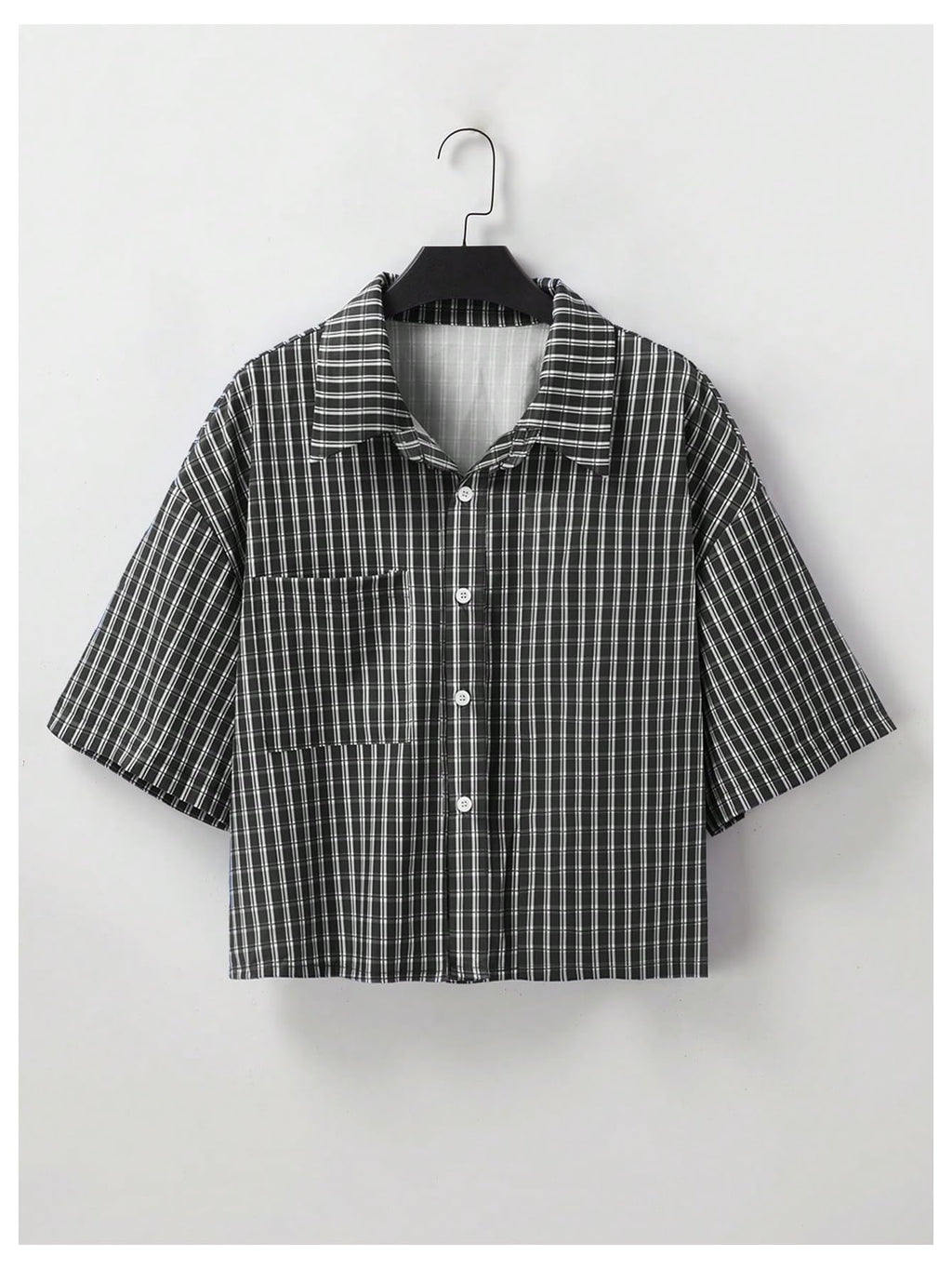 GORGLITTER Men's Gingham Cropped Shirt Short Sleeve Button Down Shirts Black Medium