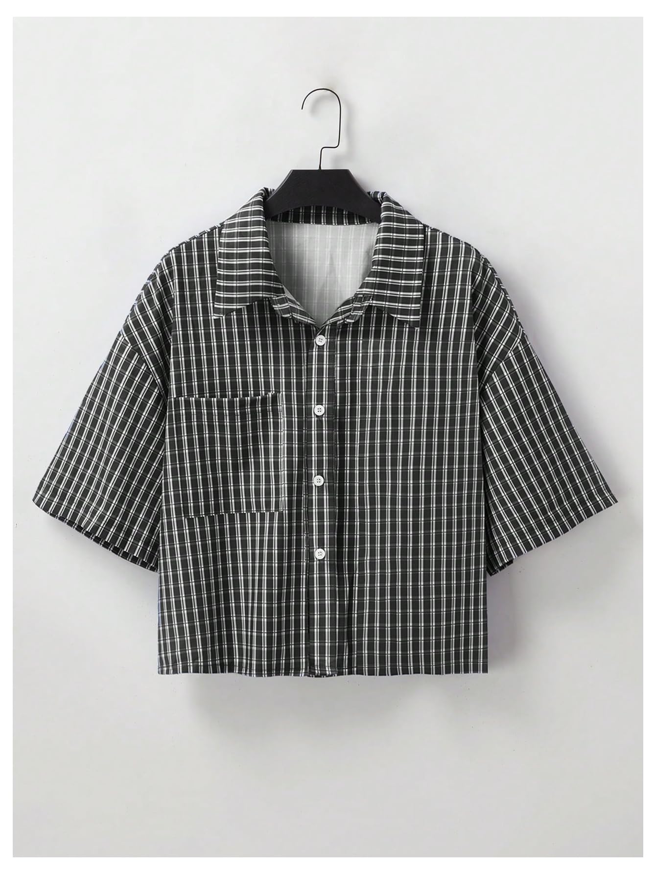 GORGLITTER Men's Gingham Cropped Shirt Short Sleeve Button Down Shirts Black Medium