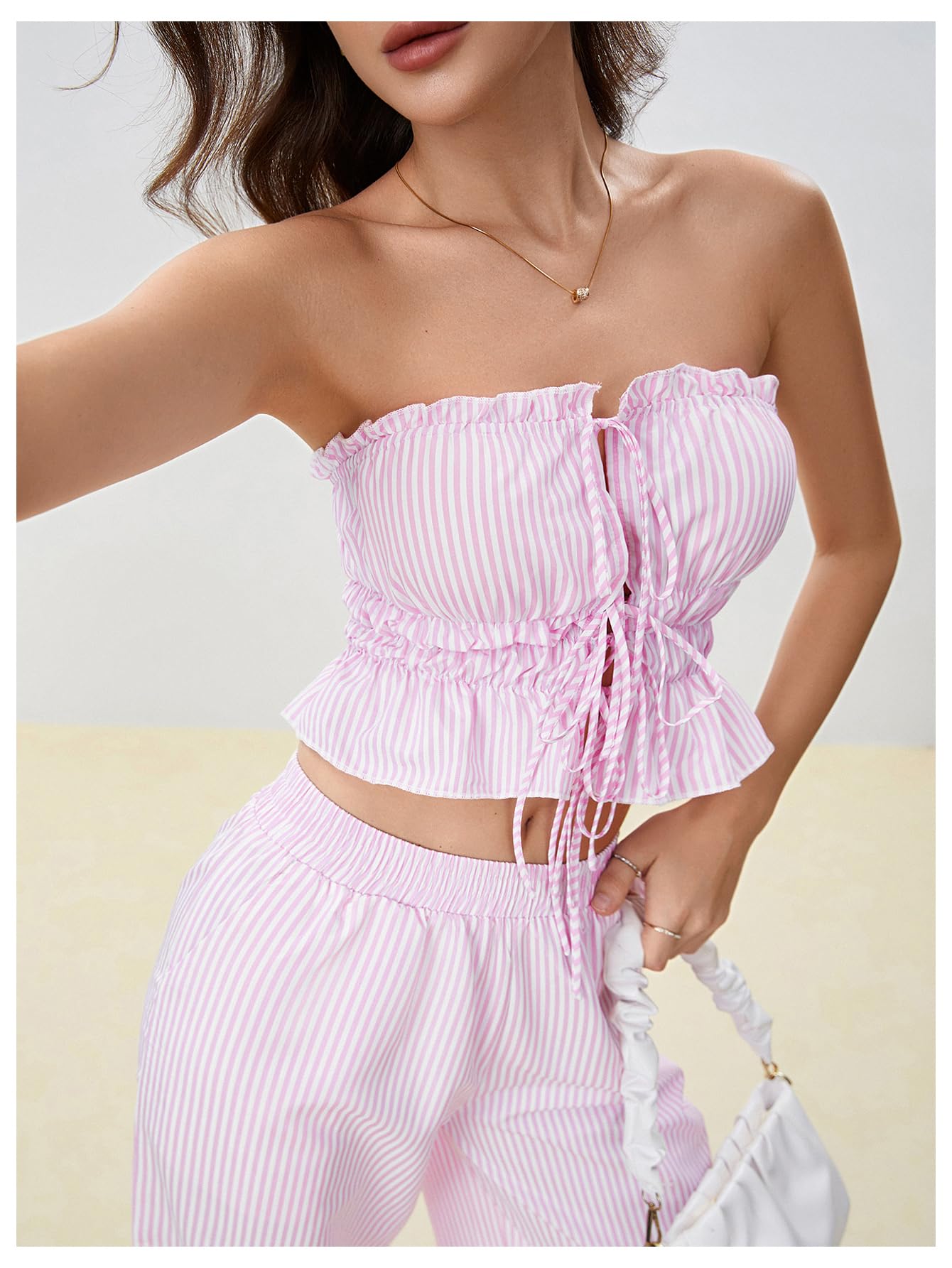 WDIRARA Women's Striped 2 Piece Pants Set Strapless Tie Bandeau Wide Leg Pants Outfits Pink White X-Small