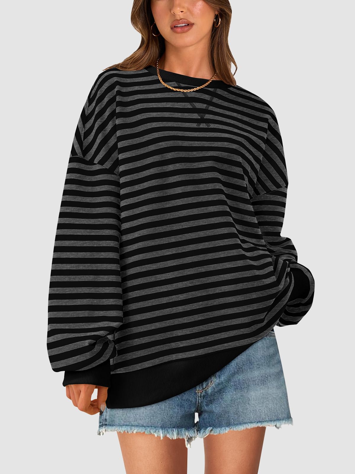 PRETTYGARDEN Women Striped Oversized Sweatshirt Color Block Crew Neck Long Sleeve Casual Pullover Top Spring Y2K Clothes (Black Dark Grey, Small)
