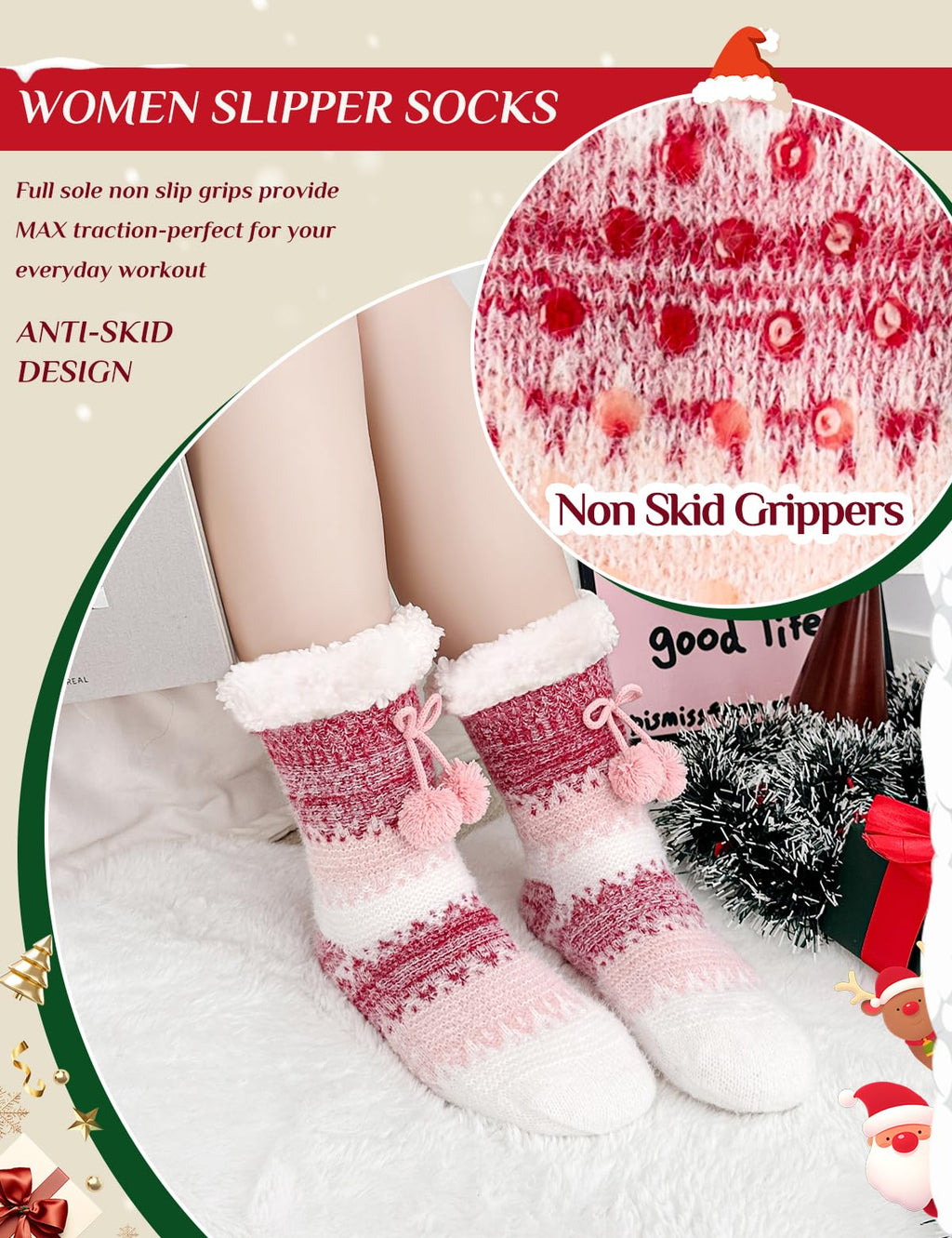 Zpophue Fuzzy Slipper Socks with Non-Slip Grippers for Women & Men - Valentines Fluffy Socks with 2 Sizes