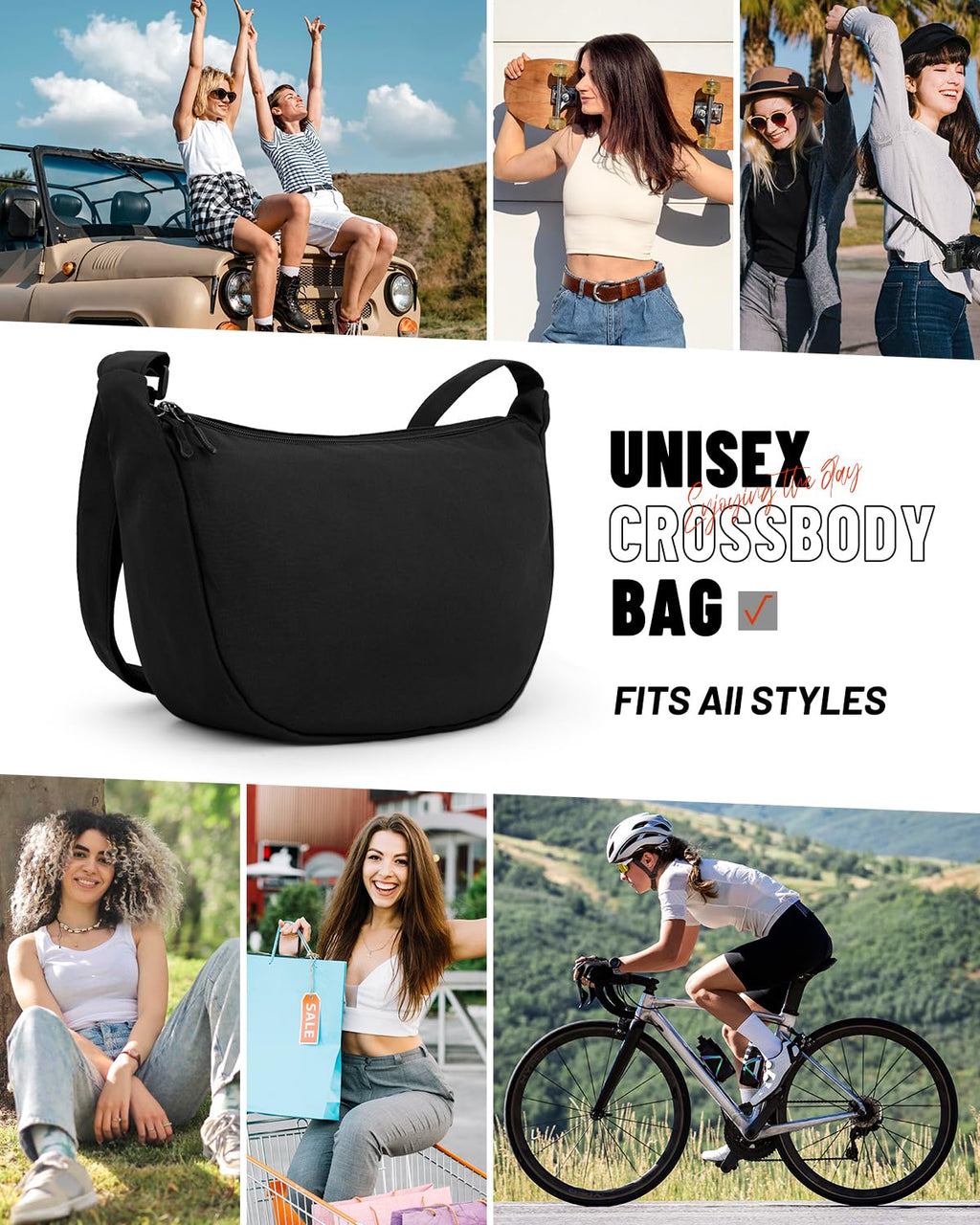 Crossbody Sling Bag for Women Men Trendy, Crescent Bag with Adjustable Strap, 2 Zippers Lightweight