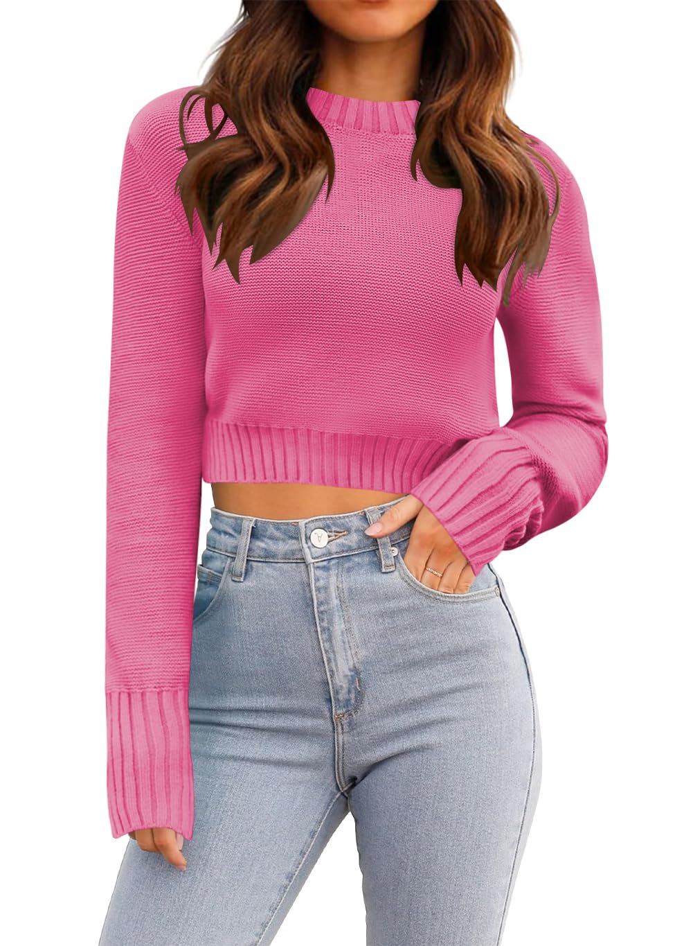 QACOHU Womens Spring Sweater Crew Neck Cropped Sweaters Pullover Long Sleeve Jumper Fashion Tops Knit Pullovers ROSEO S