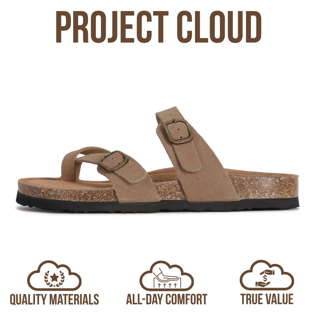 Project Cloud 100% Genuine Leather Womens Sandals -Lightweight Womens Slides Memory Foam Insole & Cork Footbed Sandals Women - Non-Slip Beach Essentials Summer Sandals for Women 2026(Lian,CHSTNUT,9)