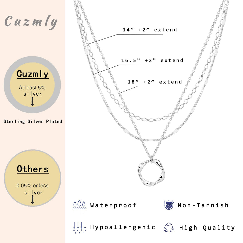Cuzmly Layered Silver Necklaces for Women, 925 Sterling Silver Stackable Choker Necklaces for Women Trendy Layering Circle Pendant Chain Necklace Set Jewelry Gifts for Women Teen Girls, Brass, No