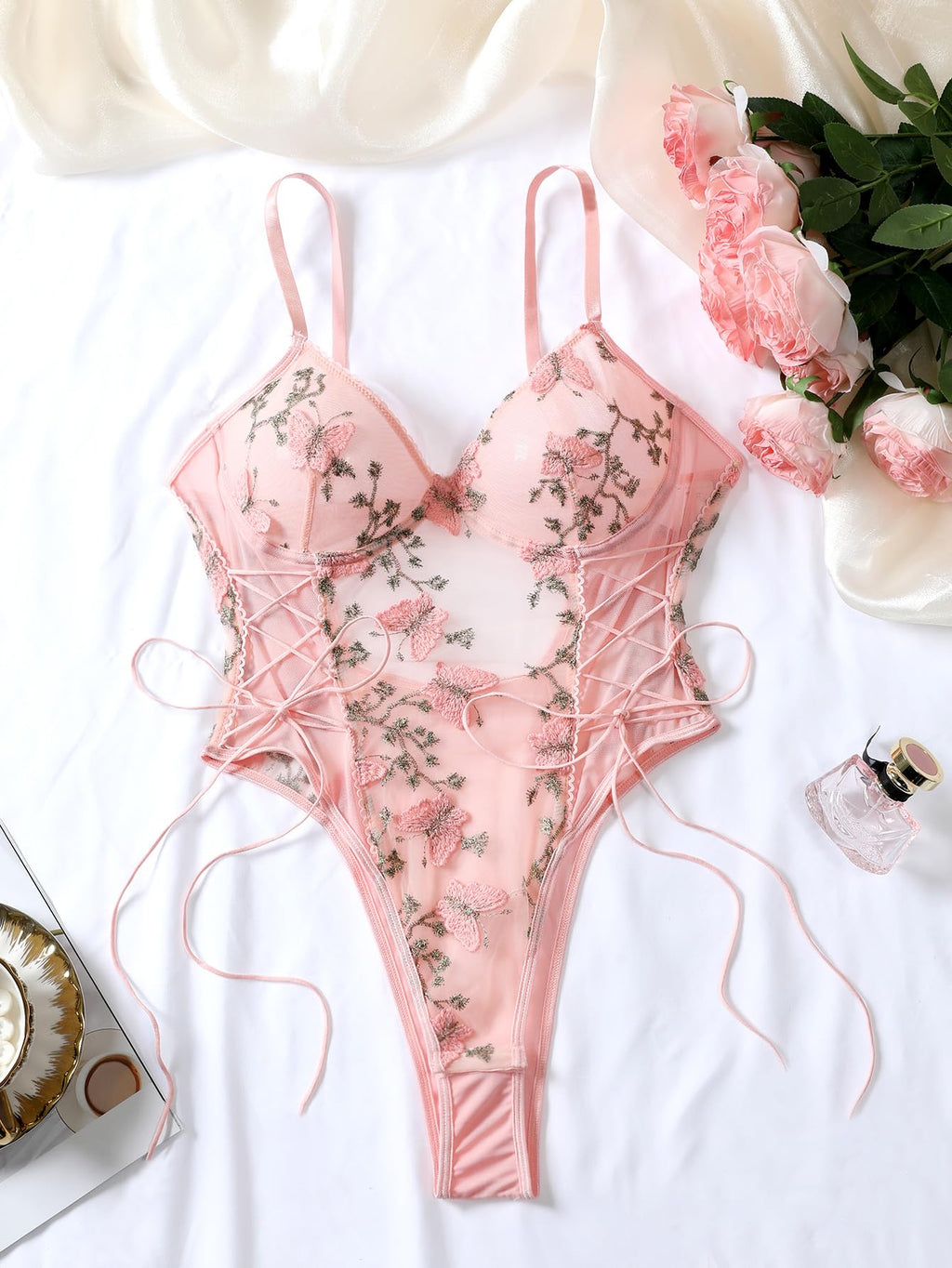 Lilosy Women Sexy Lace Up Butterfly Embroidered Teddy Babydoll Lingerie Bodysuit Top Mesh Sheer One Piece See Through Light Pink Medium