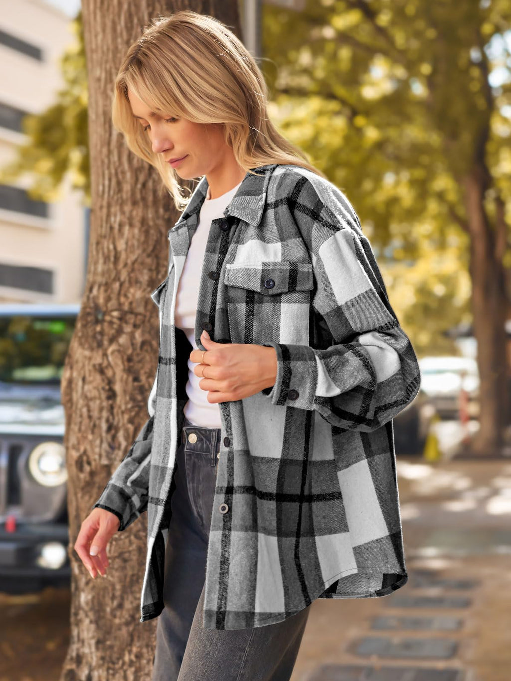 AUTOMET Shackets for Women Plaid Flannel Shirts Grey