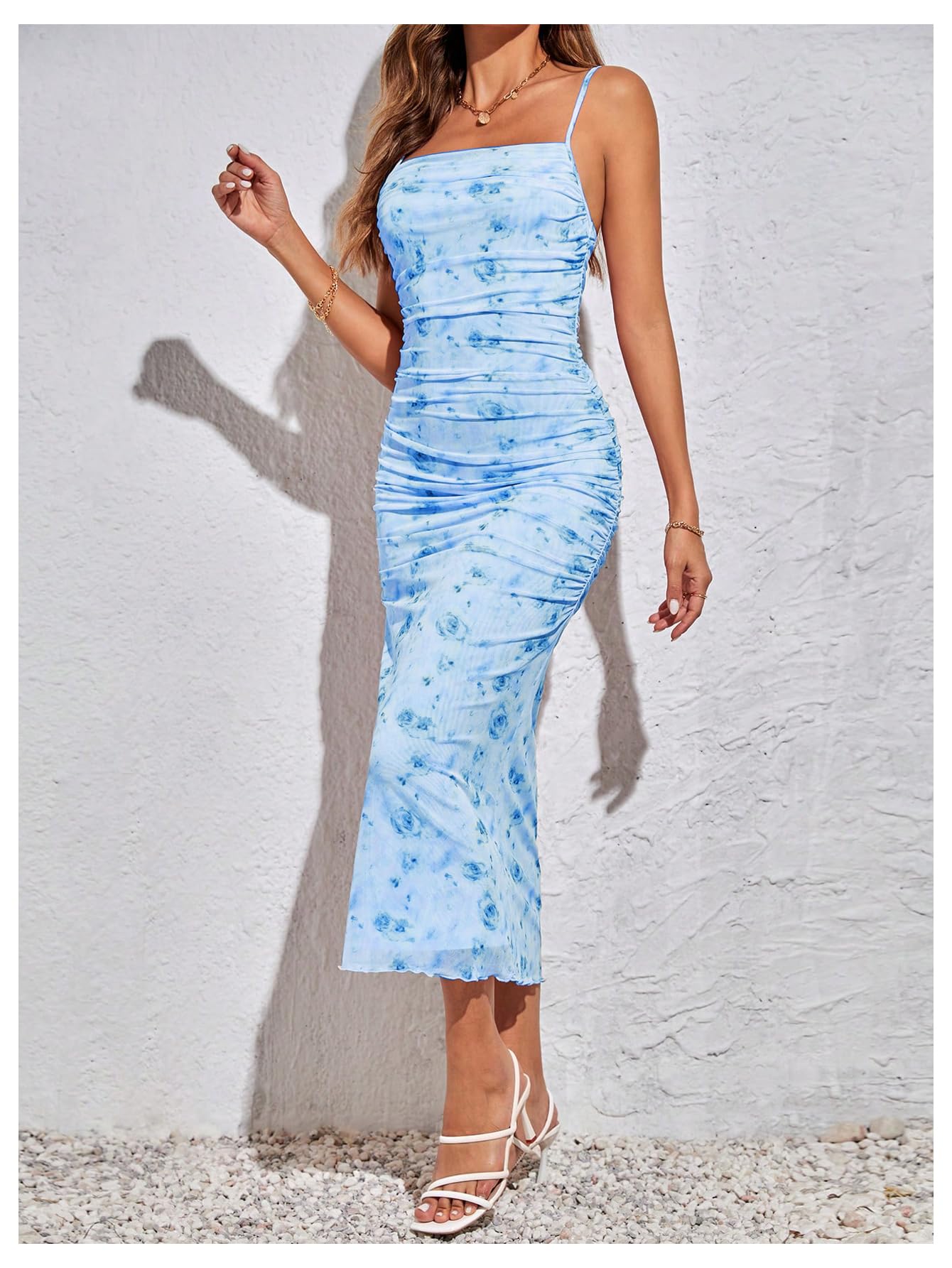 GORGLITTER Women's Floral Spring Summer Wedding Guest Dress Bridal Shower Cocktail Tea Party Beach Midi Sun Dress 2026 Blue Florals Small