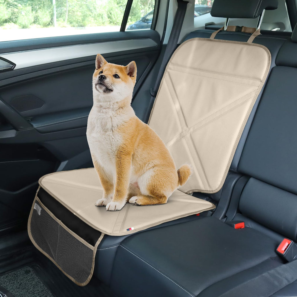 Viaviat Car Seat Protector Leather Waterproof Child Safety Seat Protector Cover with Thick Pad and 2 Large Pockets Durable Kick Mat for All Auto Seat (Beige)