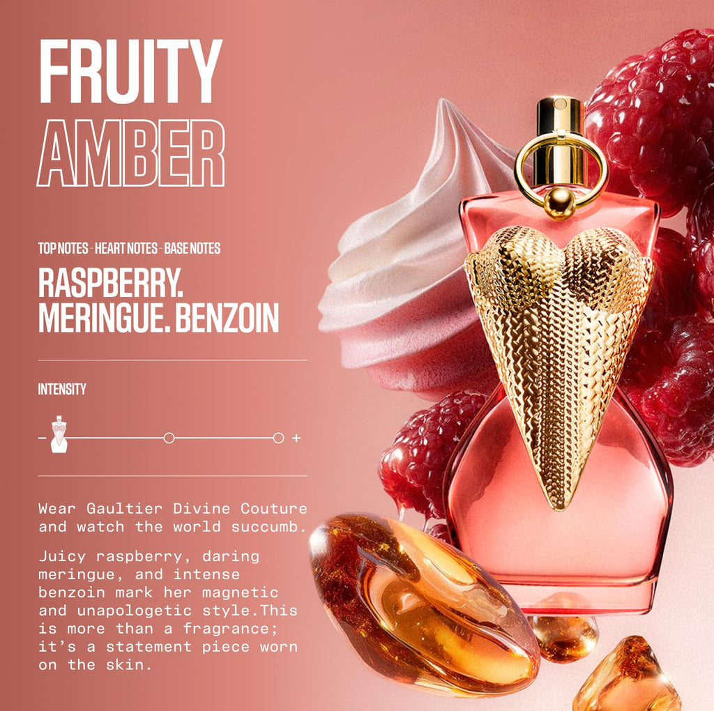 Jean Paul Gaultier Gaultier Divine Couture Eau de Parfum for Women - Long Lasting Fruity Amber Women's Perfume with Raspberry, Meringue & Benzoin - Refillable Designer Spray, 3.4 oz