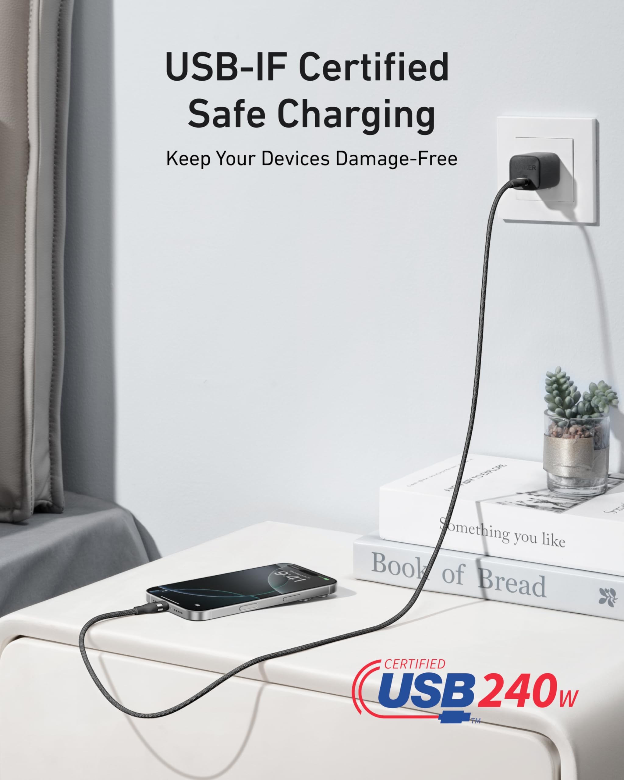 Anker Nano USB C Cable, 240W Flexible Multi-Color Braided Cord, Fast Charging Type C Charger for iPhone 17 Series, MacBook Pro and More (Black, 3ft)