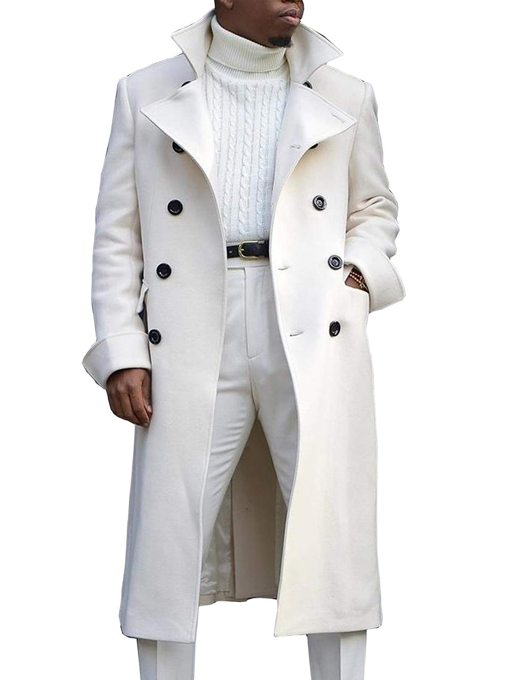 Springrain Men's Pea Coat Double Breasted Overcoat Lapel Coat Classic Long Trench Coat(White-S)