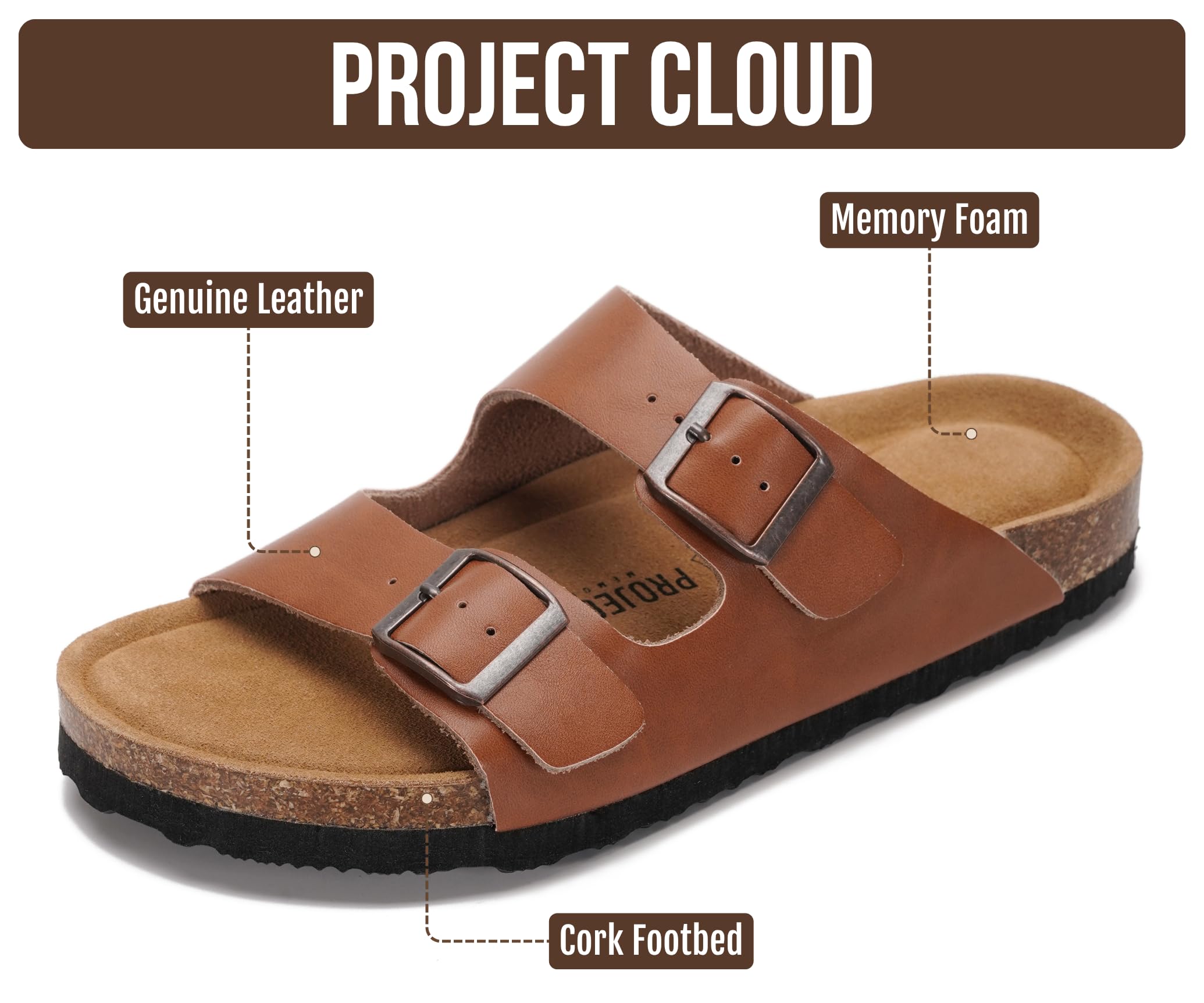 Project Cloud 100% Genuine Leather Flat Sandals For Women 2026 Cork Footbed Womens Sandals with Memory Foam and arch support Vacation Essentials Slides for Women Footwear (Venita, Cognac, 5.5)