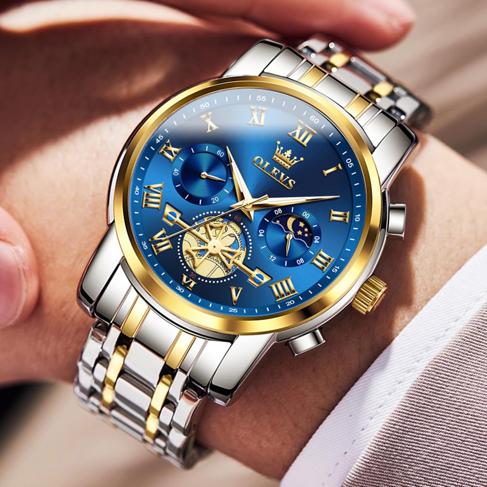OLEVS Watch Men Original Watches for Mens Luxury Dress Business Fashion Waterproof Watch Water Resistant Roman Numbers Chronograph Stainless Steel Metal Adjustable Large Blue Faces Casual Analog Watches
