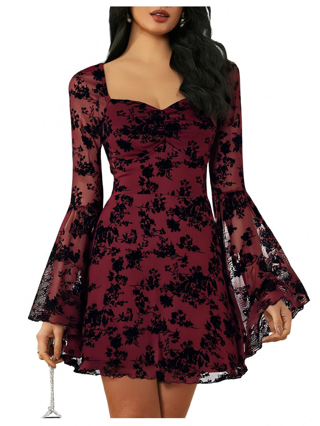 WDIRARA Women's Floral Jacquard Mesh Gothic Dress Bell Long Sleeve A Line Vintage Dresses Burgundy Small