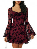 WDIRARA Women's Floral Jacquard Mesh Gothic Dress Bell Long Sleeve A Line Vintage Dresses Burgundy Small