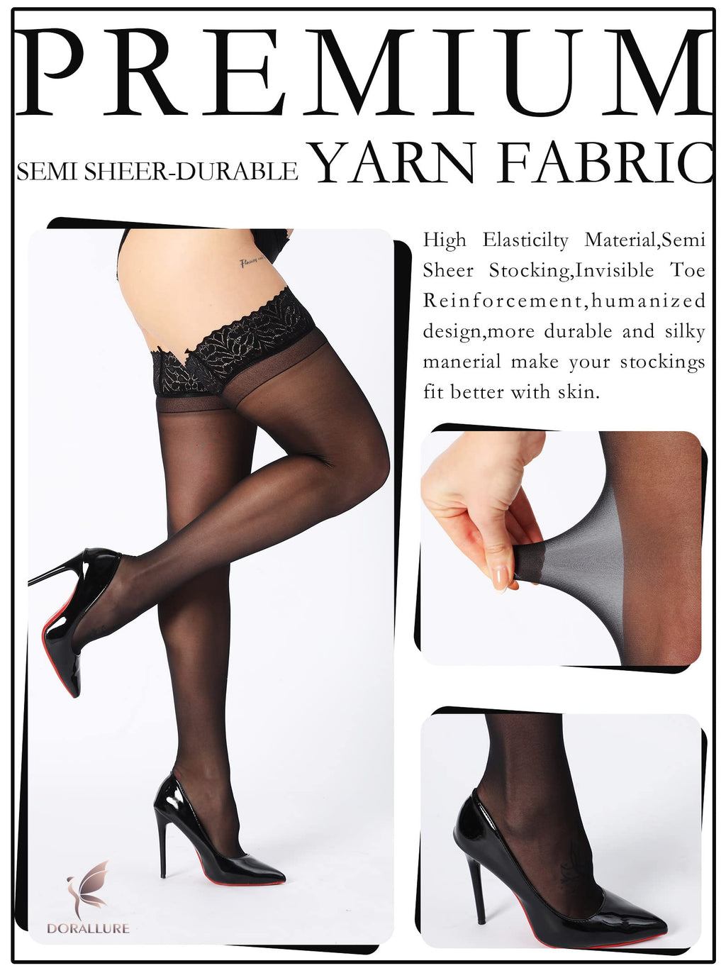 DORALLURE Thigh High Stockings Silicone Lace Top Stay Up Silky Semi Sheer Pantyhose for Women Hold Up Nylon