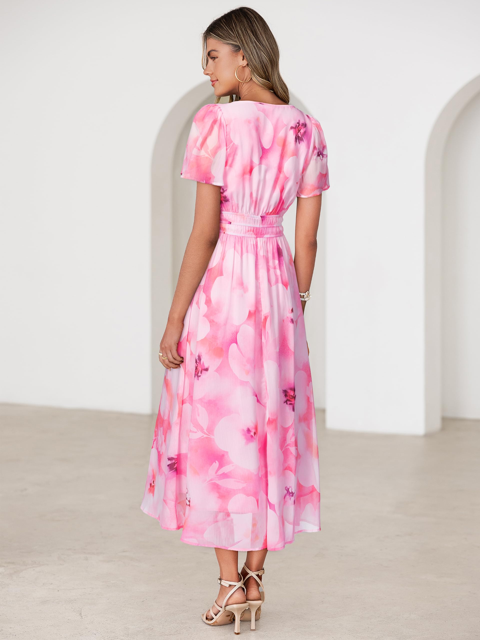 Simplee Women Floral Summer Maxi Dress Boho Flowy Casual Chiffon Short Sleeves V Neck Long Wedding Guest Dresses Pink White Floral M