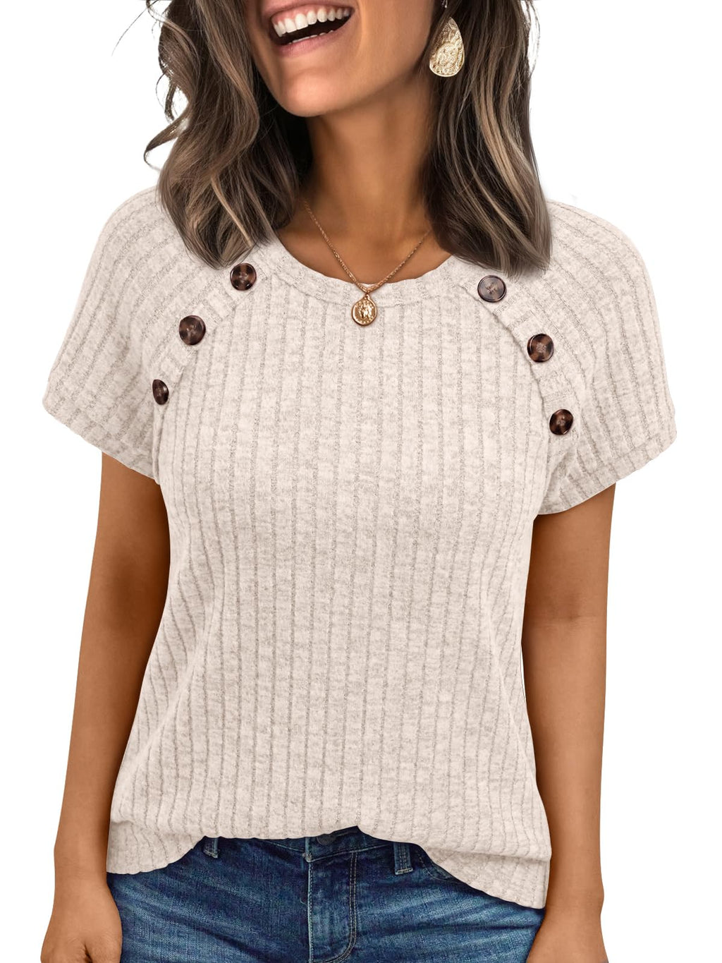 AUTOMET Women's Short Sleeve Shirts Business Casual Blouses Dressy Work Tunic Tops 2026 Spring Sweaters Fashion Clothes Apricot L
