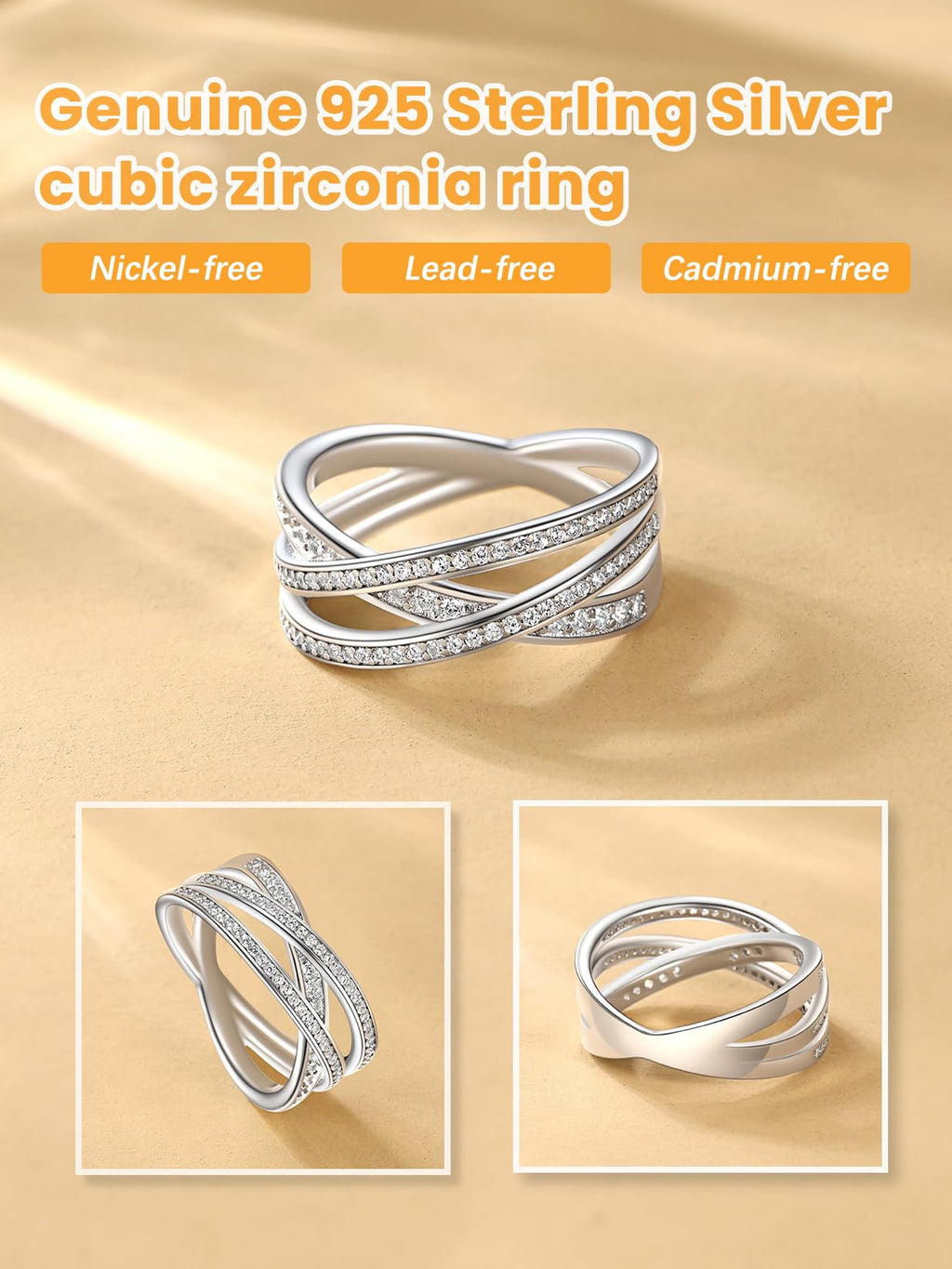Bestyle 925 Sterling Silver Criss Cross Ring Casual Finger Diamond Ring for Women | Thin Band for Stacking | Simulated Diamond Eternity Wedding Band | Size 8