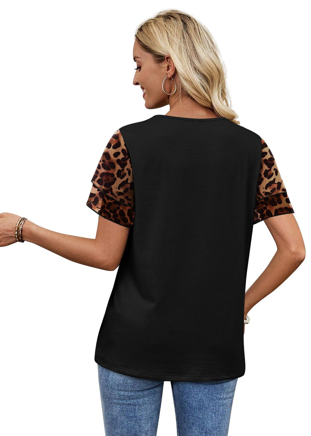 Short Sleeve Shirts for Women Trendy Womens Tops 2026 Summer T Shirts Short Sleeve Tops Beach Fashion Travel Outfits Vacation Clothes Ladies Tops and Blouses Cruise Outfits Leopard Black M
