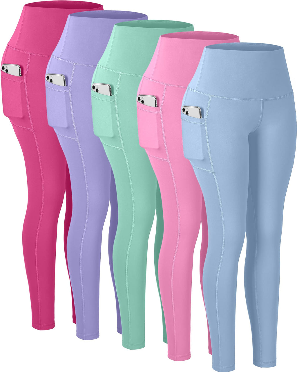 CHRLEISURE Leggings with Pockets for Women, High Waisted Tummy Control Workout Yoga Pants(5 Packs, Blue,Green,Pink,Rose,Violet, M)