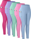 CHRLEISURE Leggings with Pockets for Women, High Waisted Tummy Control Workout Yoga Pants(5 Packs, Blue,Green,Pink,Rose,Violet, M)