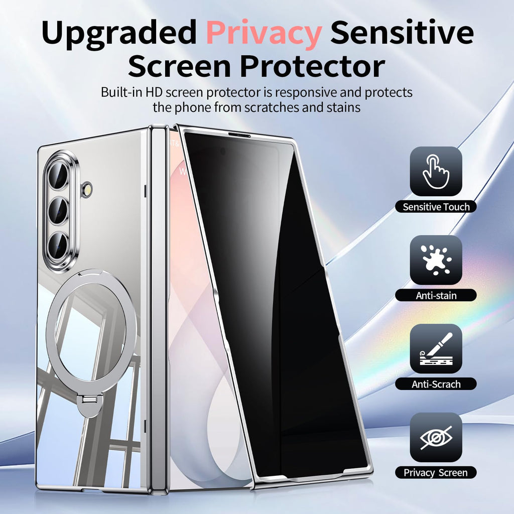 for Galaxy Z Fold 8 Ultra Case Clear with Privacy Screen Protector [Hinge Protection],Fit for Magsafe,Magnetic Kickstand & Ring Holder for Samsung Zfold 8 Ultra Case Silver
