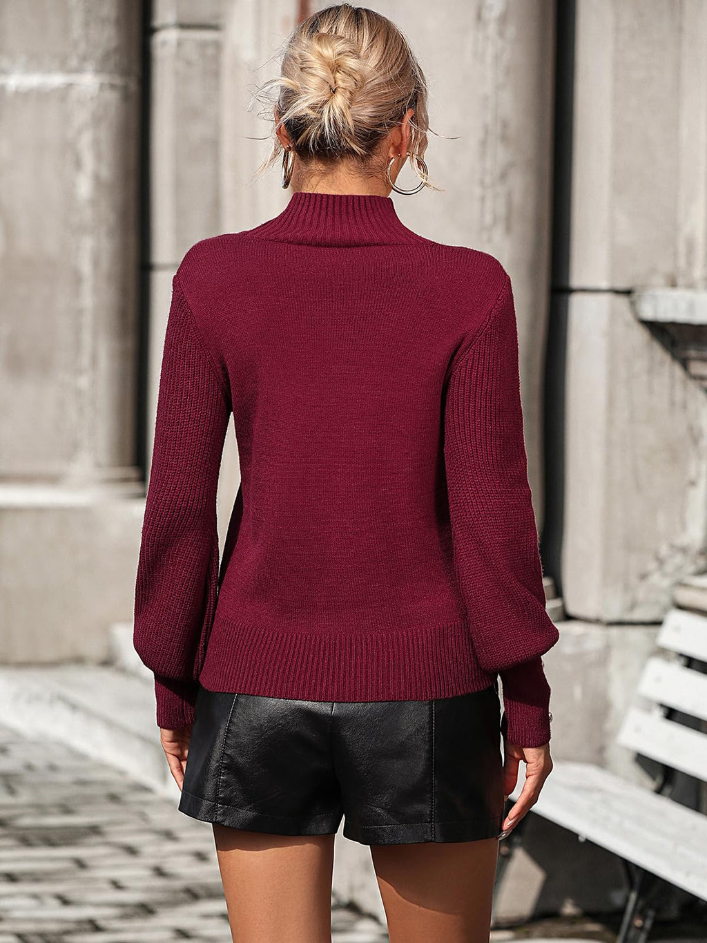 Upopby Women's Fall Winter Pullover Sweaters for Women 2025 2026 Trendy Lantern Sleeve Turtleneck Knitted Sweater Jumper Tops Wine Red XL