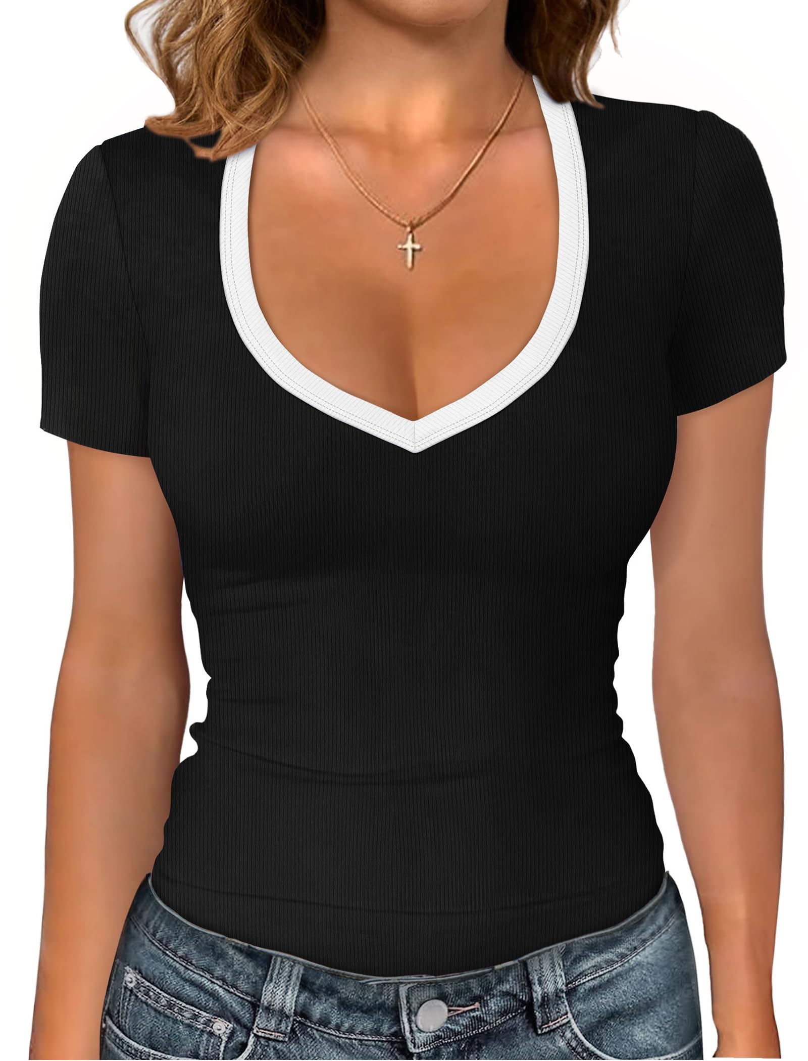 Sampeel Tshirts Shirts for Women V Neck Blck T Shirts Trendy Basic Tees 2026 Compression Shirts Fashion Clothing Spring Tops Business Casual L
