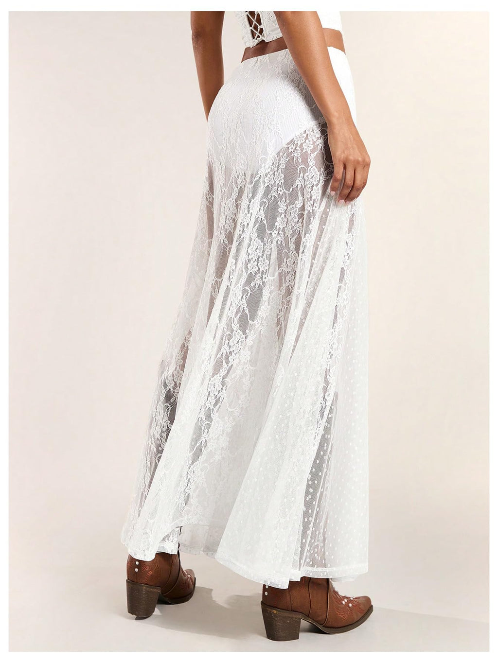 WDIRARA Women's Sexy See Through Sheer Lace Maxi Skirt Low Waist Ruffle Hem A Line Flowy Skirt White Large